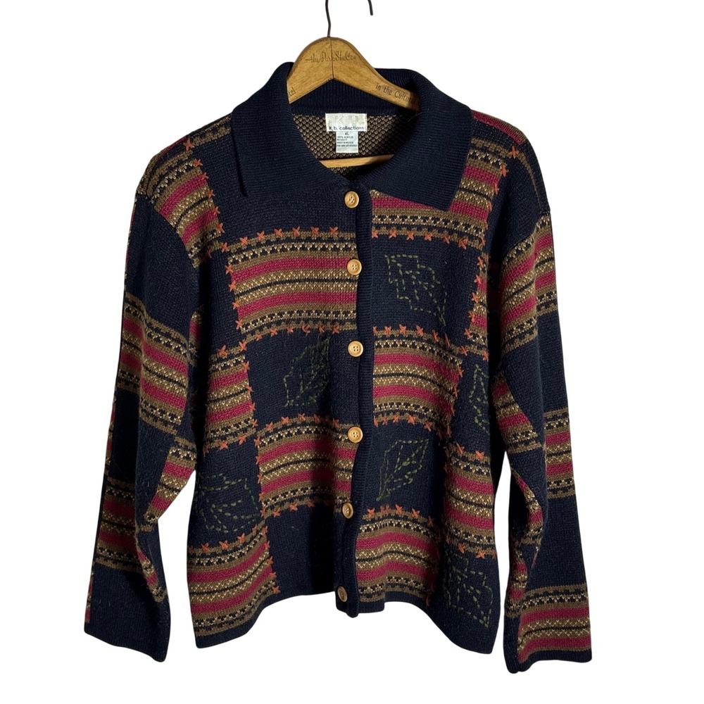Vintage K.B. Collections Knit Cardigan Sweater XL Blue Patchwork Leaves
